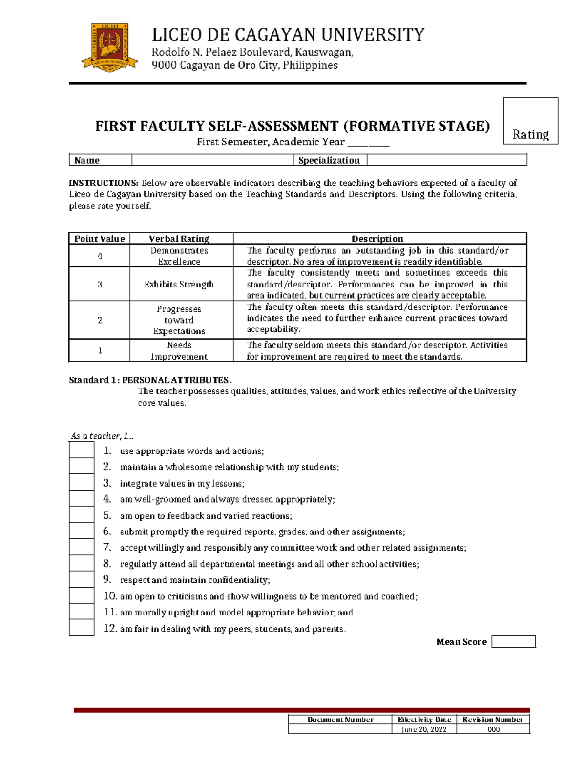 Faculty Self-Assessment Form (Formative Stage) - 1st Sem AY 2022 - Studocu