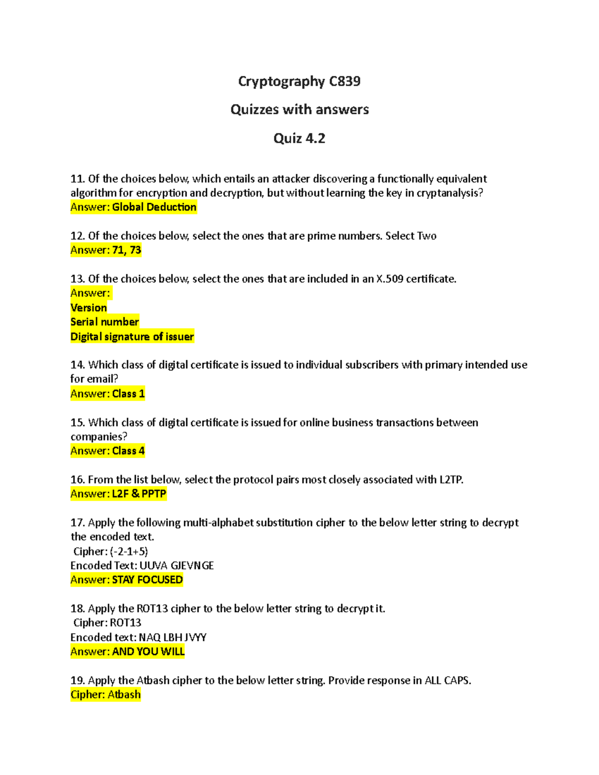 Cryptography C 839 Quiz 4 Answers and Key Concepts - Studocu