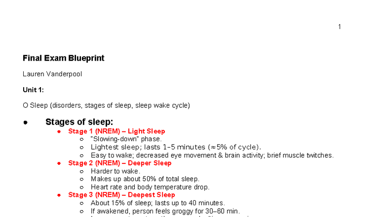NUR 101 Final Exam Study Guide: Sleep Disorders & Nursing Care - Studocu