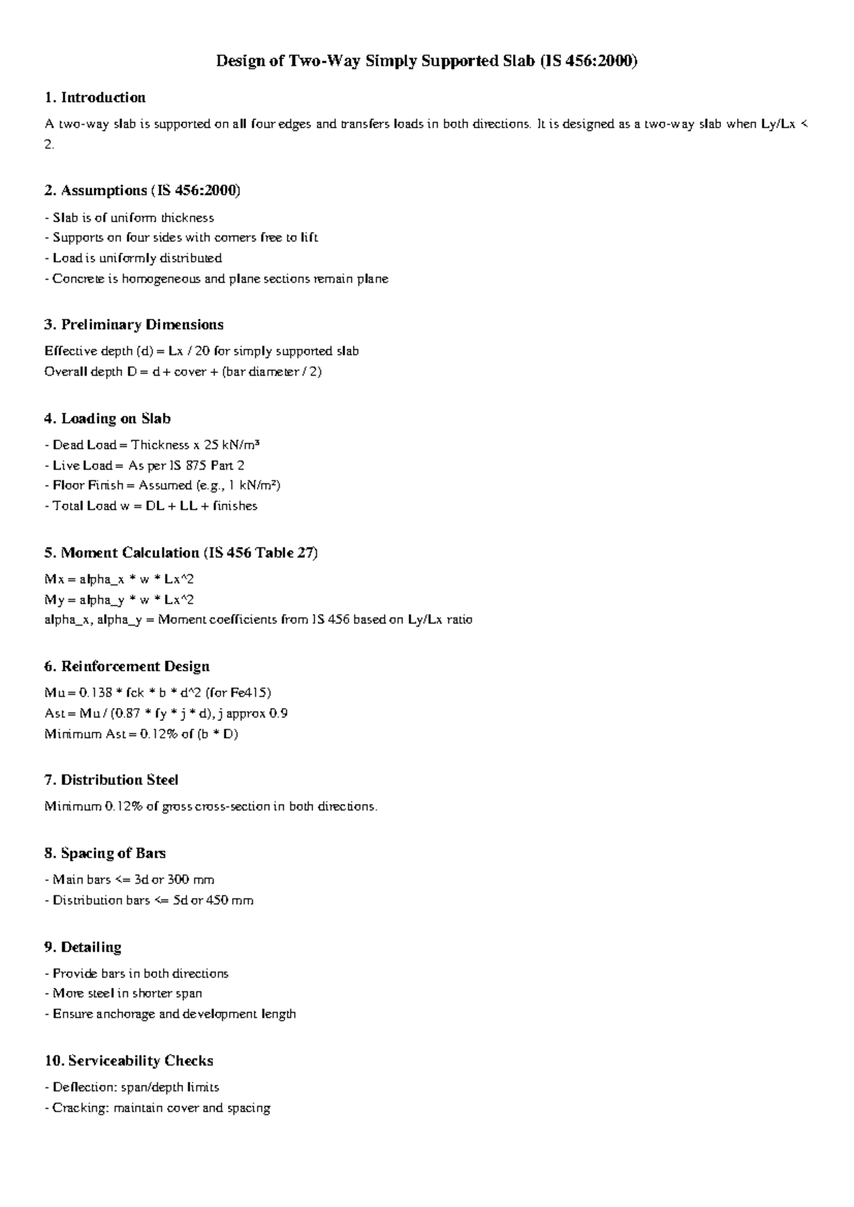 Two Way Slab Design Notes (IS 456) for Simply Supported Slabs - Studocu