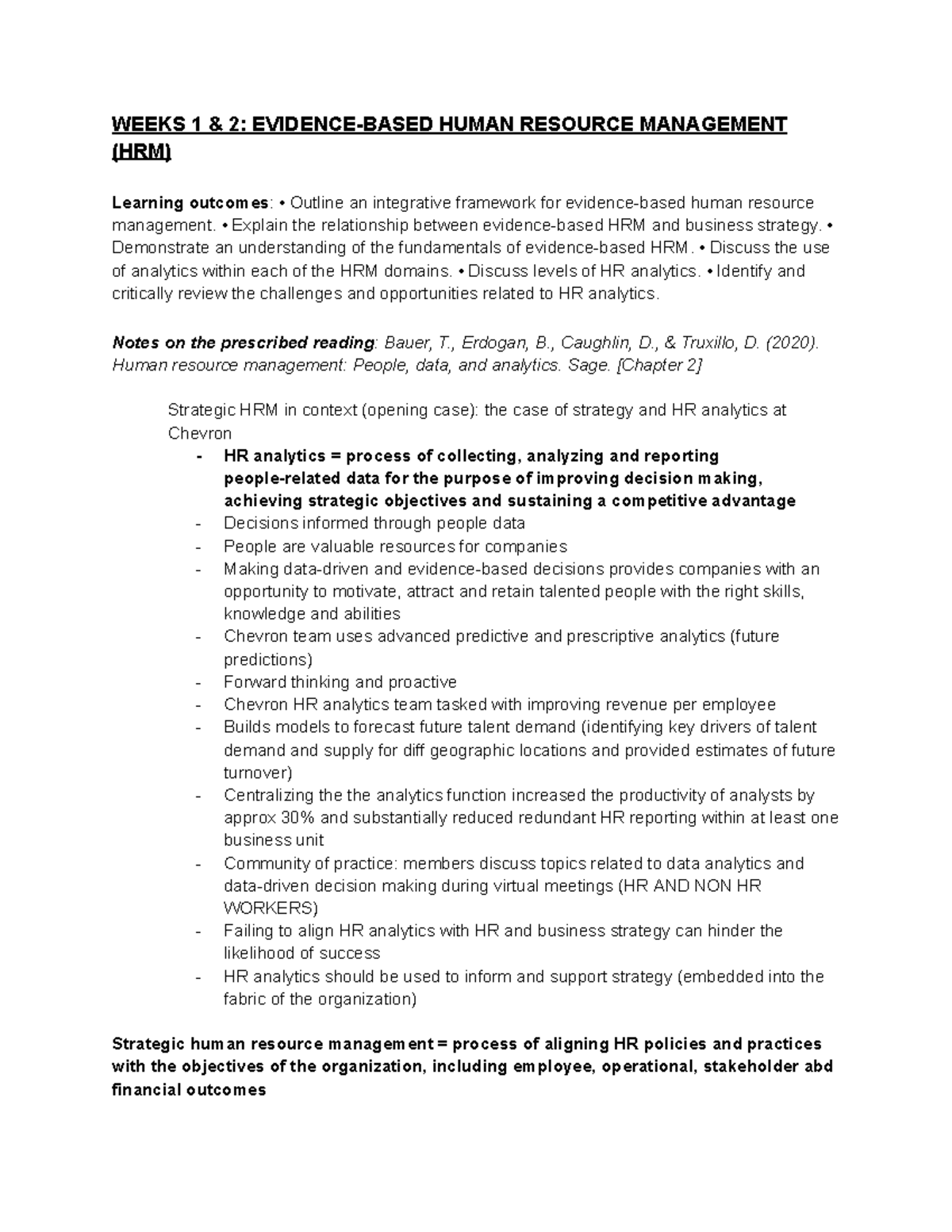 BUS2024F Final Exam Notes: Weeks 1 & 2 on HR Analytics and Strategy ...