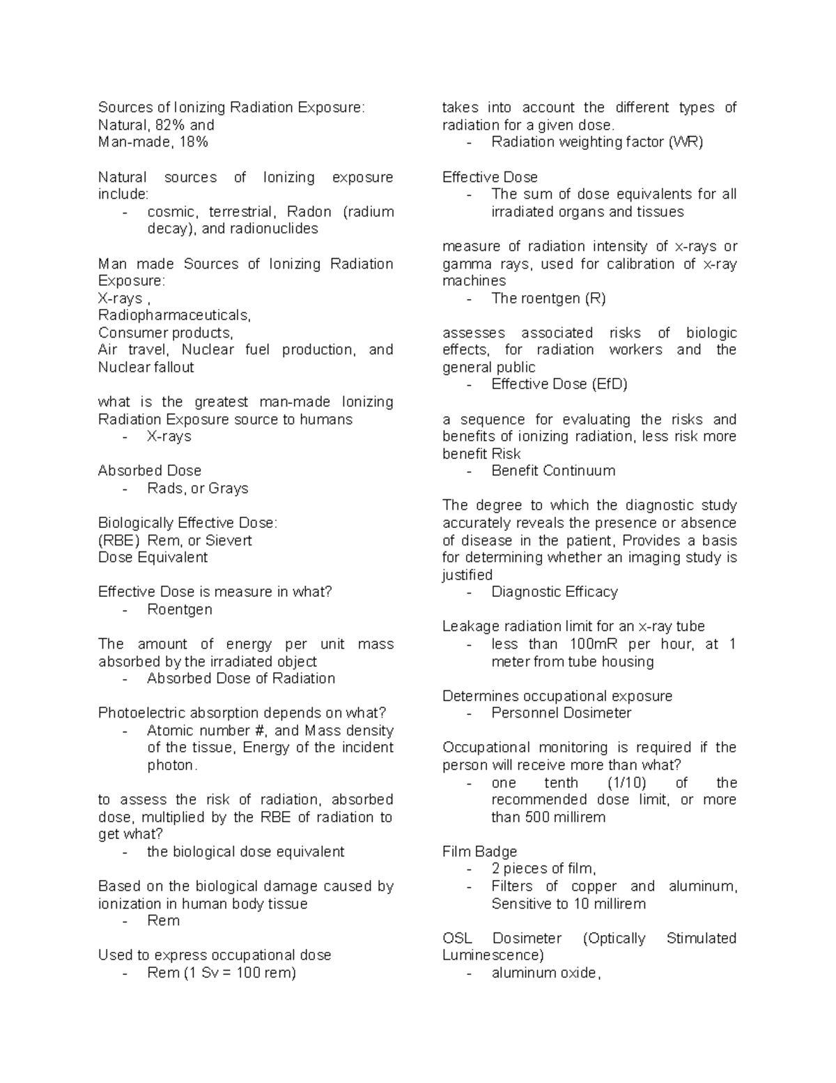 Radpro - Quizlet: Sources of Ionizing Radiation & Exposure Limits - Studocu