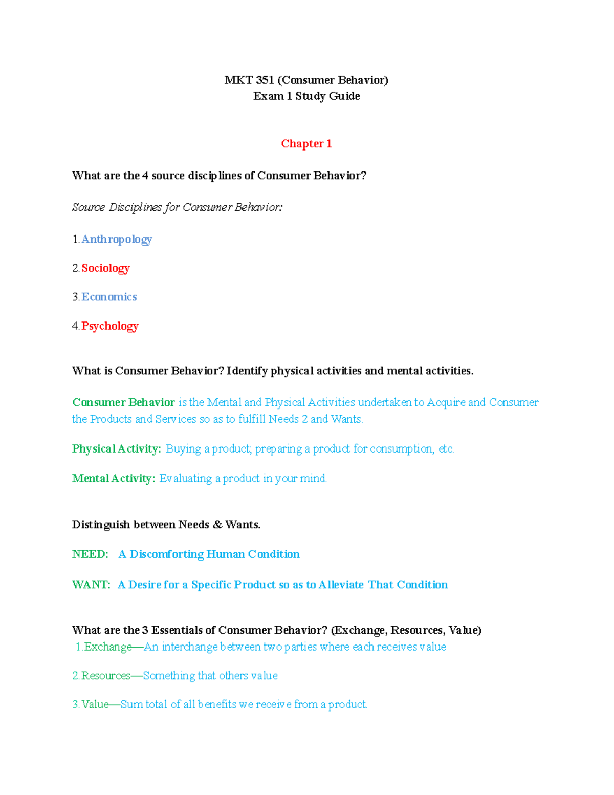 MKT 351 Consumer Behavior Midterm Study Guide and Key Concepts - Studocu