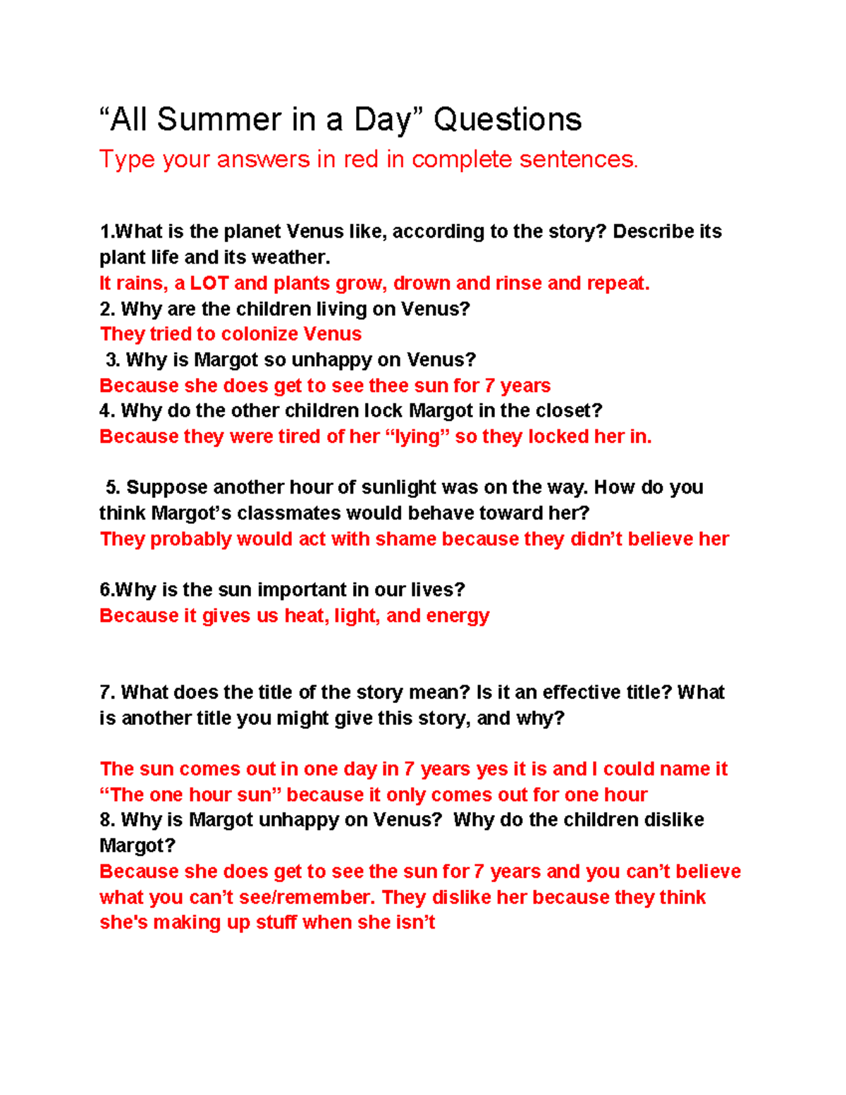 All Summer in a Day - Questions & Answers for ENG 101 - Studocu