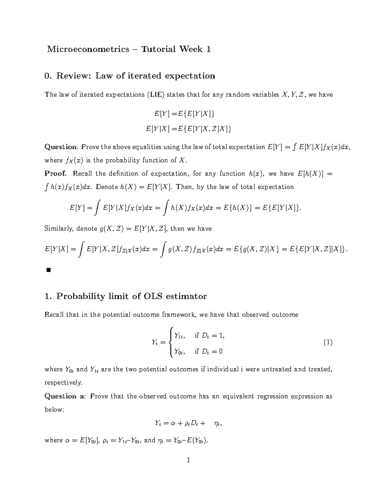 Microeconometrics Tutorial W1: Law of Iterated Expectations & OLS ...