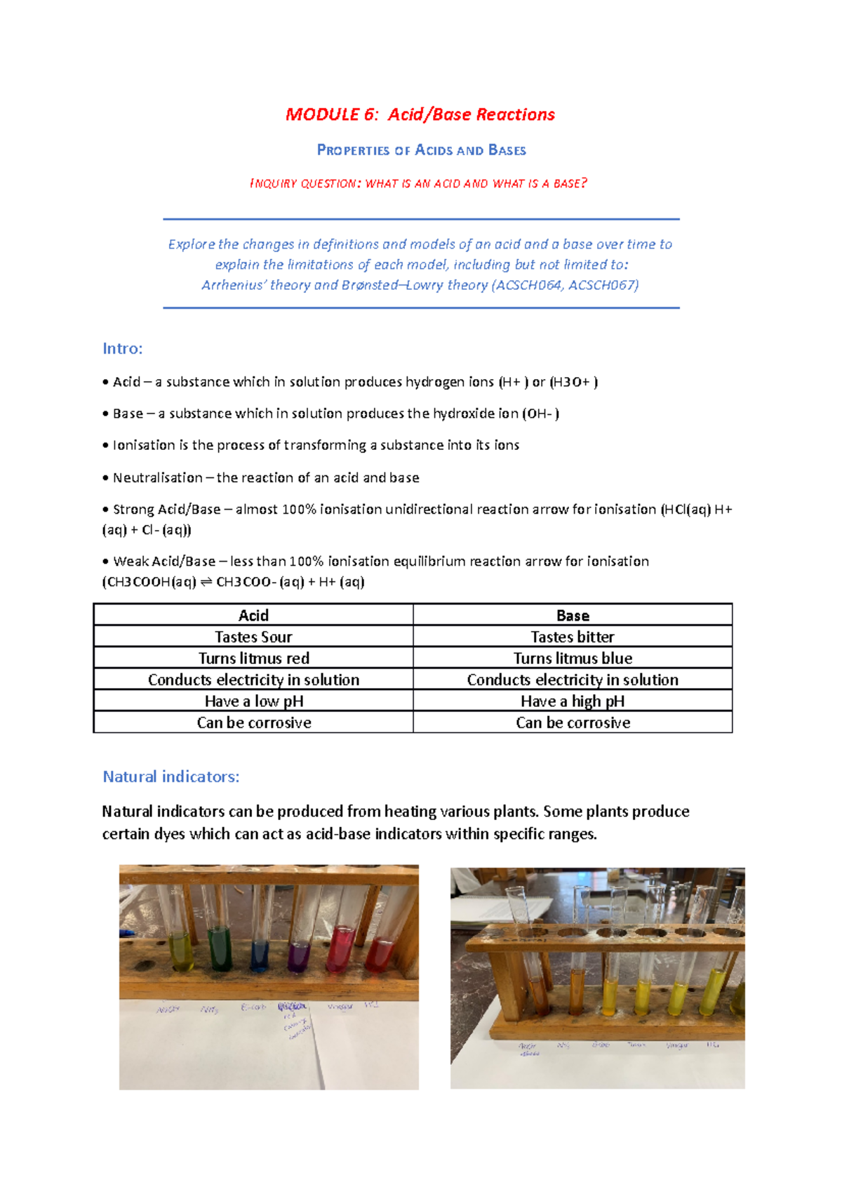 Module 6 - Comprehensive Notes on Acid/Base Reactions (ACSCH064 ...