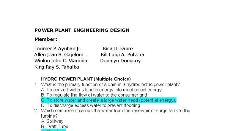HYDRO 101: Power Plant Engineering MCQ Study Guide - Studocu