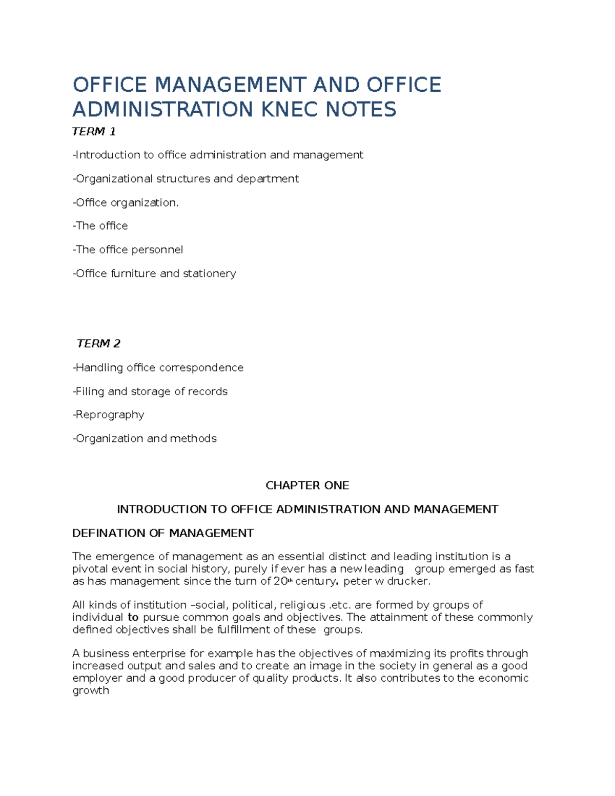 KNEC OFFICE MANAGEMENT & ADMINISTRATION Term 1 & 2 Notes - Studocu