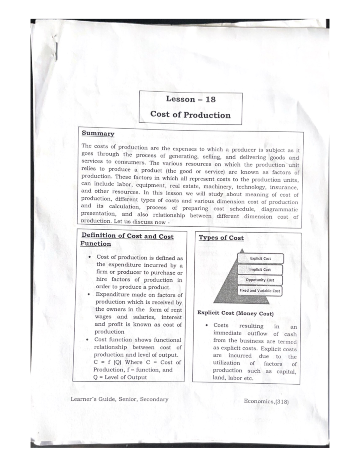 Cost of Production: Lesson 18 Summary and Key Concepts (ECO 318) - Studocu