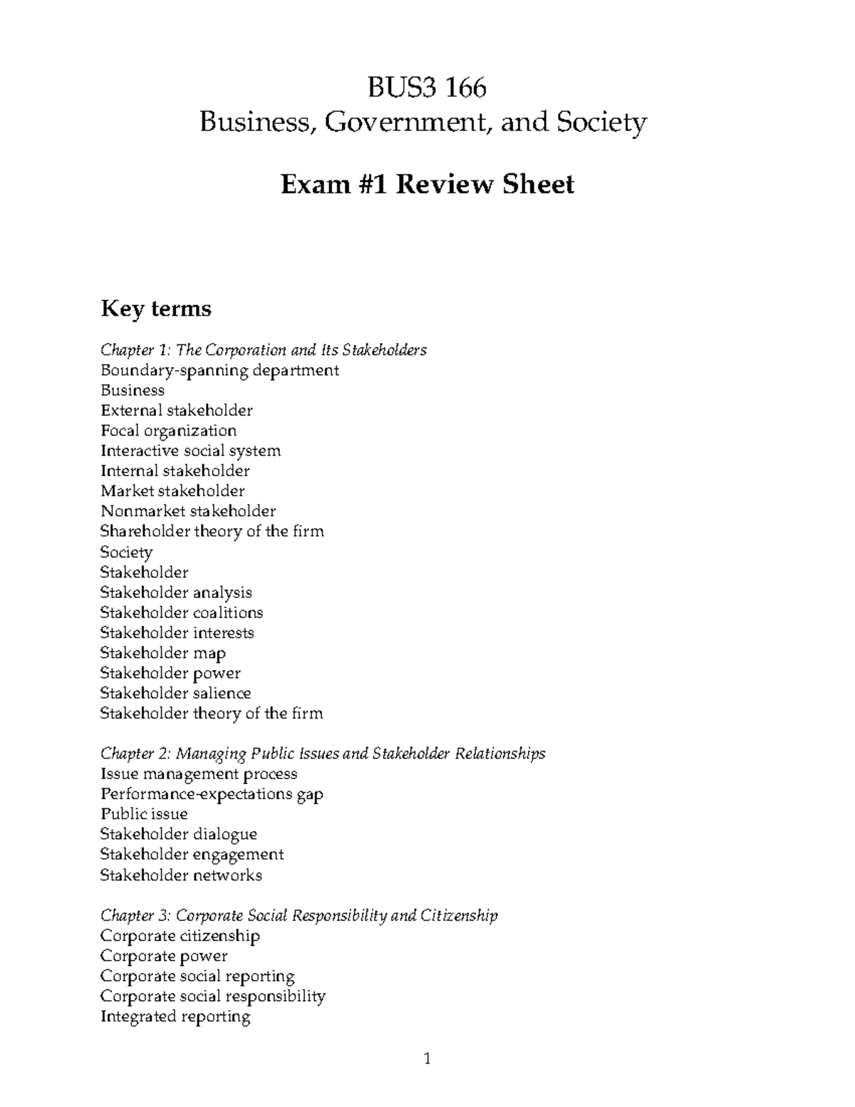 BUS 166 Exam 1 Review Sheet: Key Terms & Essential Questions - Studocu
