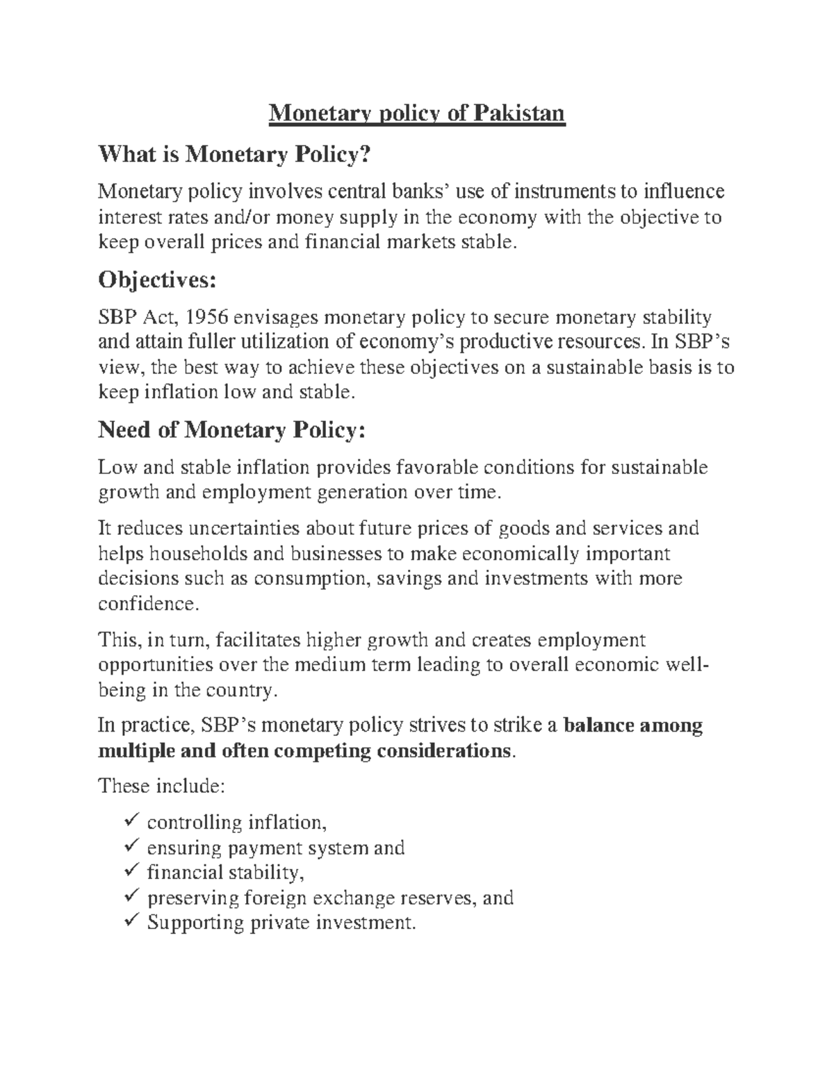 Monetary Policy of Pakistan: Overview and Key Instruments - Studocu