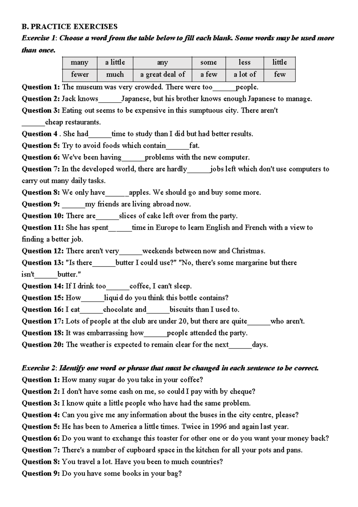 B. PRACTICE EXERCISES: Fill in the Blanks & Error Correction - ENG ...
