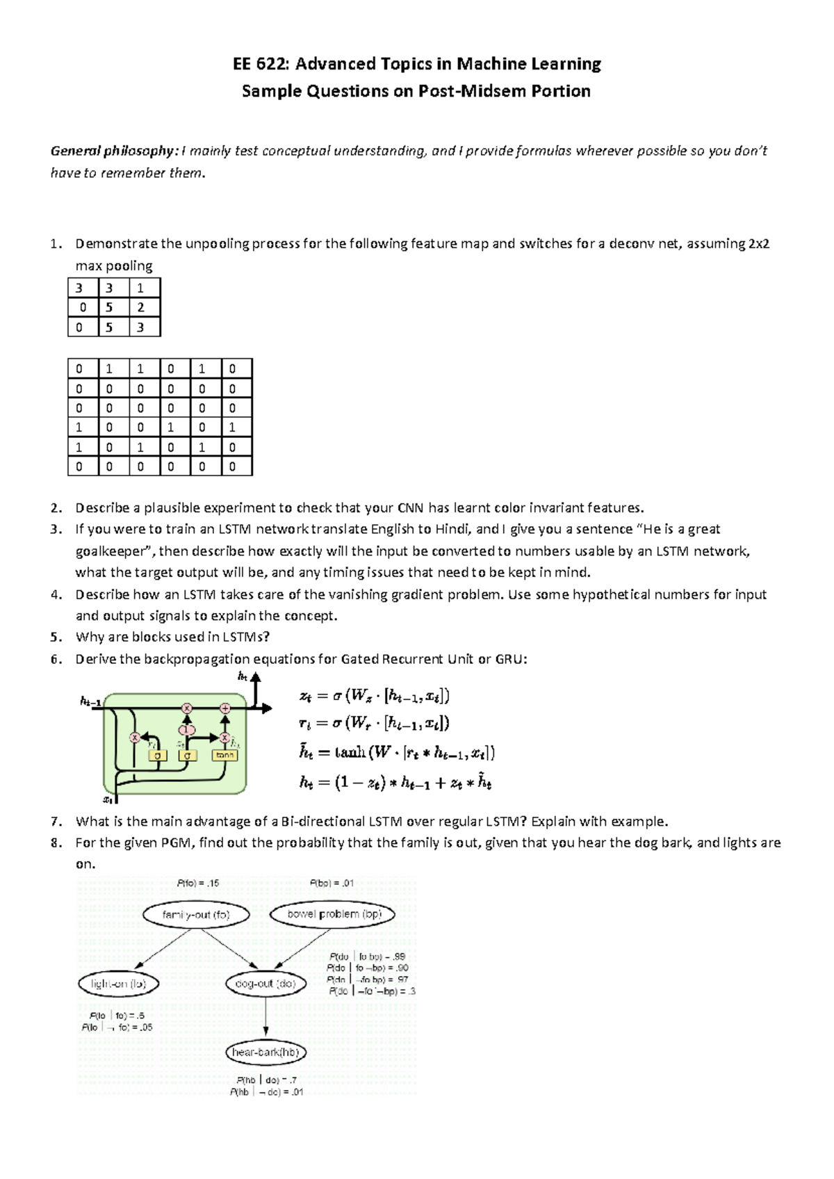 EE 622: Sample Exam Questions on Post-Midsem Topics in ML - Studocu