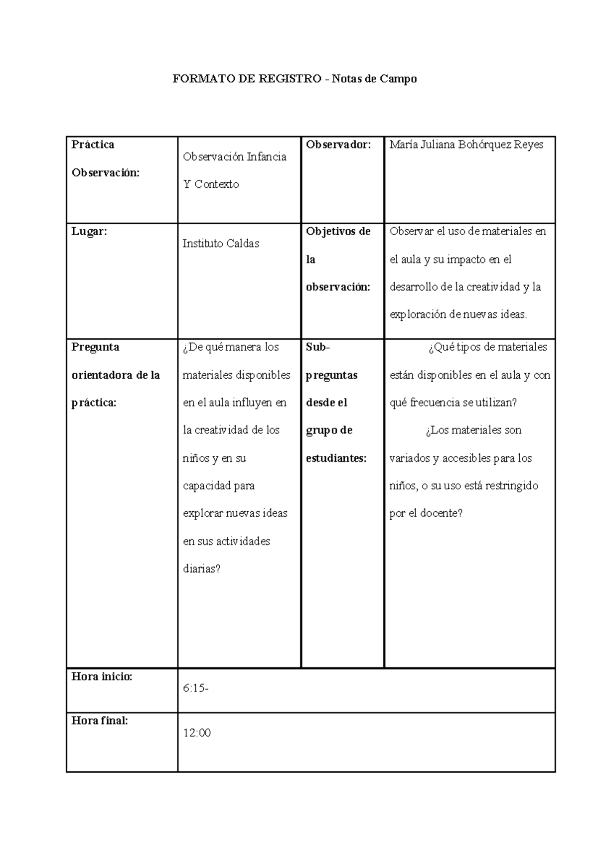 5 Nota de Campo Caldas - nbhb - FORMATO DE REGISTRO - Notas de Campo ...