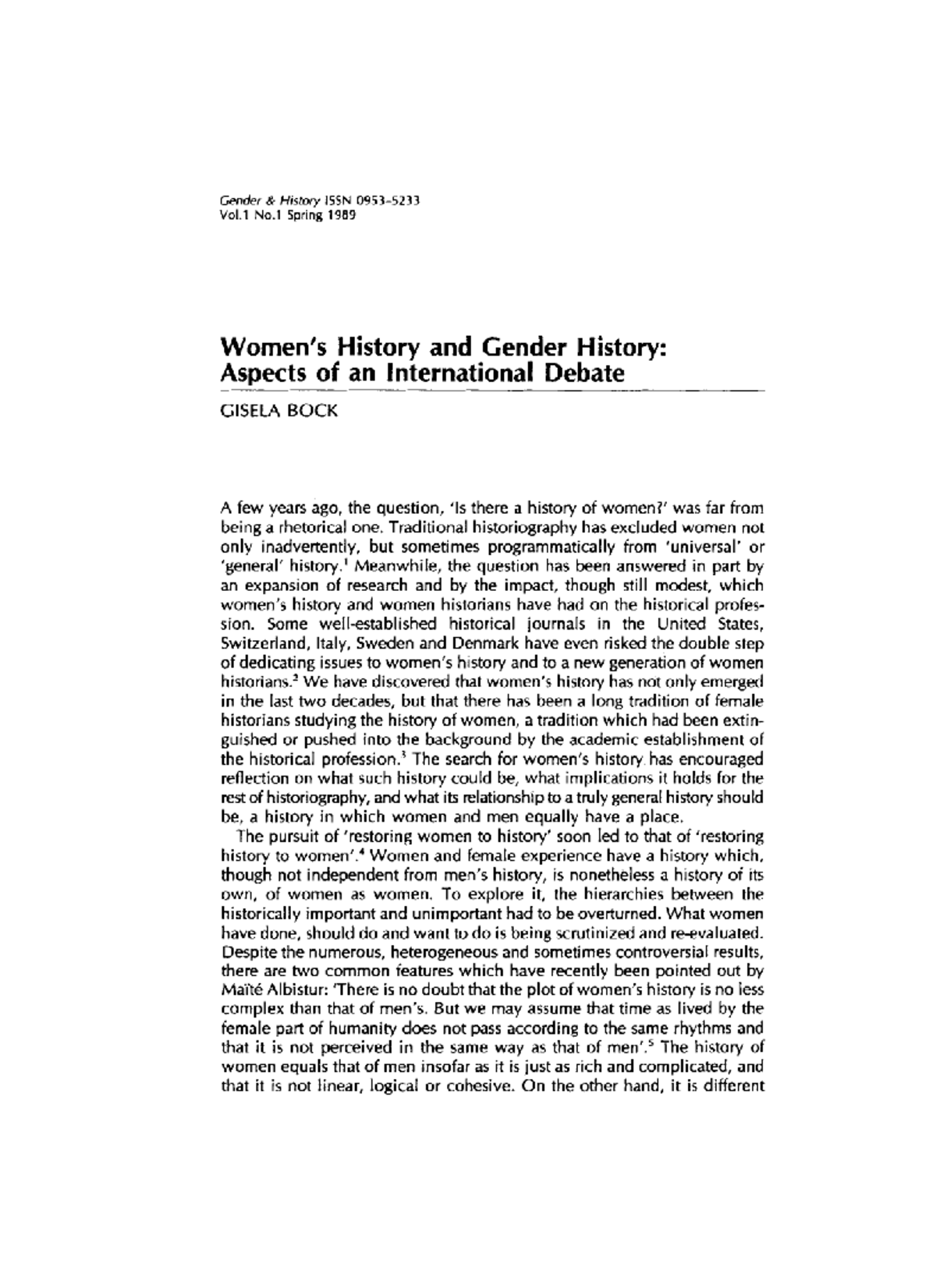 Gender History and Women's History: Aspects of an Int'l Debate (GISELA ...