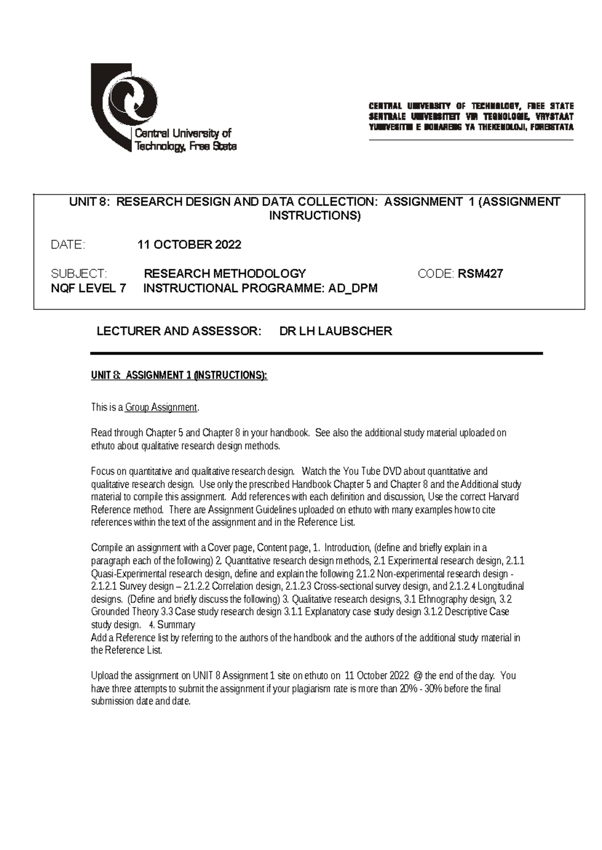 2022 RSM427 UNIT 8 Assignment 1 Nstructions - UNIT 8: RESEARCH DESIGN ...