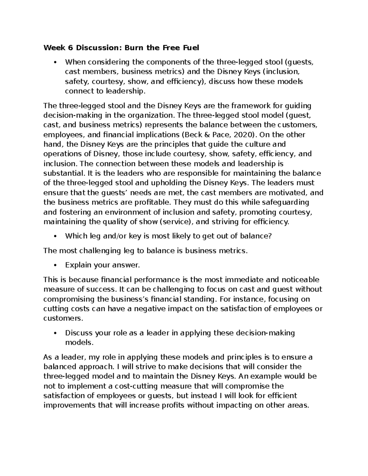 LDR 6 Discussion: Balancing Leadership with Disney Keys and Stool Model ...