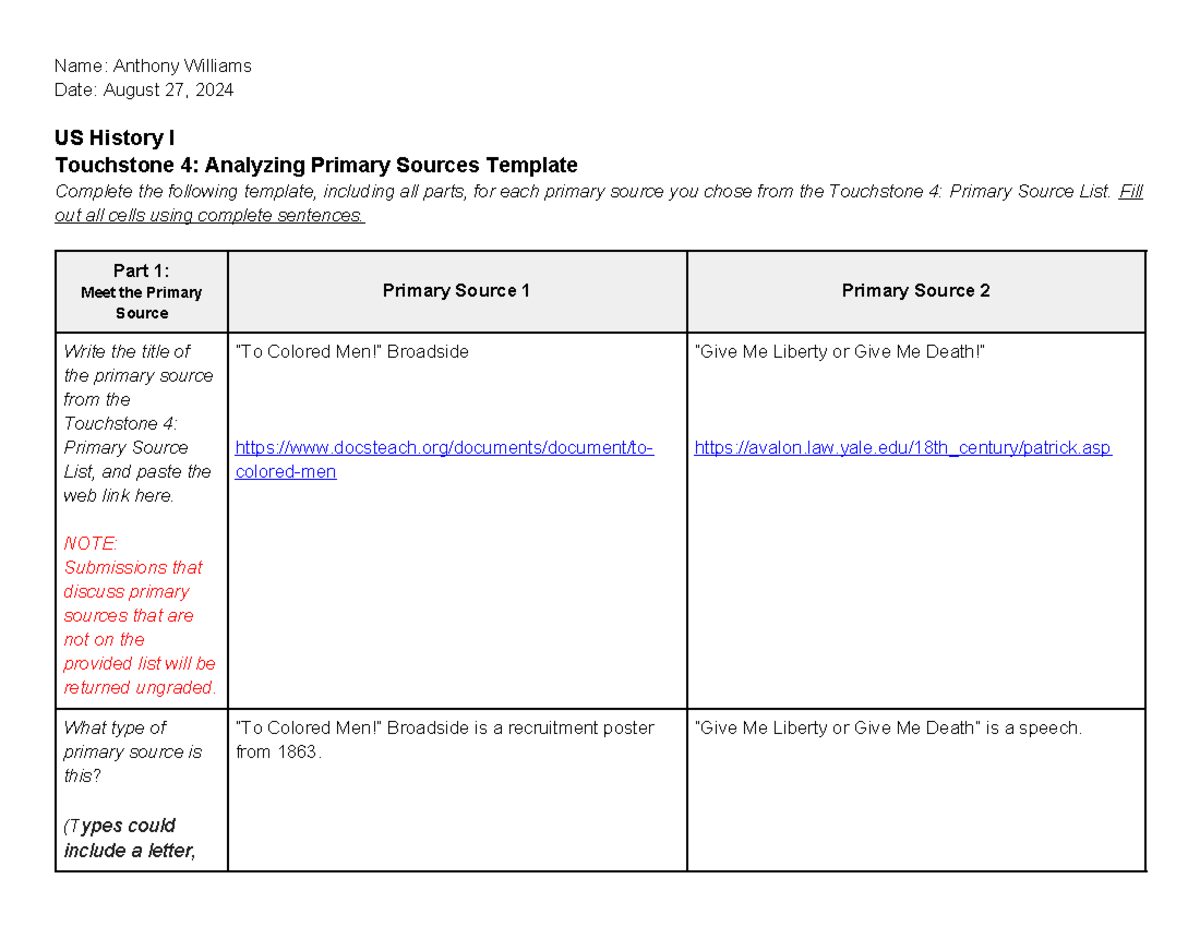 US History I Touchstone 4: Analyzing Primary Sources Guide - Studocu