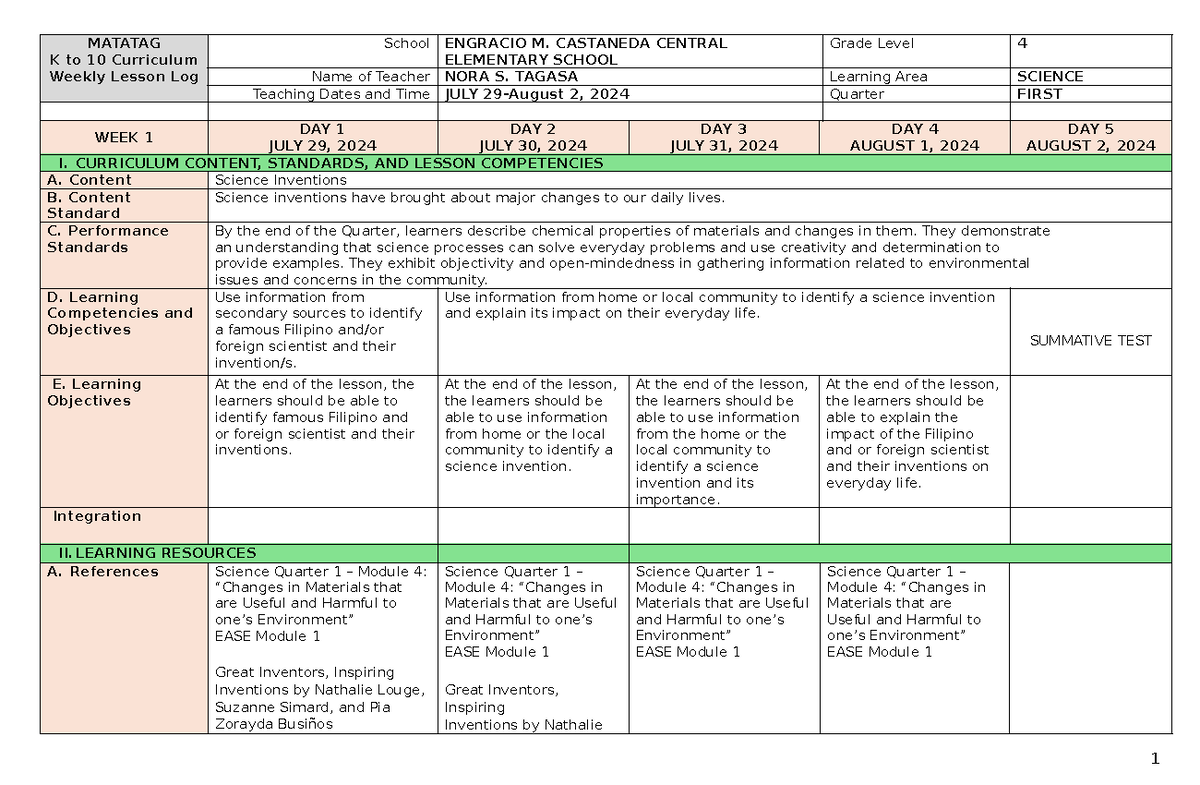 MATATAG K to 10 Science Curriculum Weekly Lesson Log - Grade 4 Q1 - Studocu
