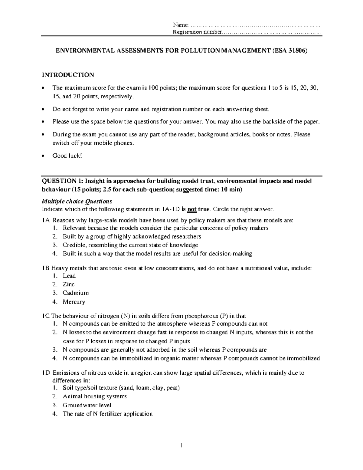Example Exam with answers - Environmental Assessments for Pollution ...