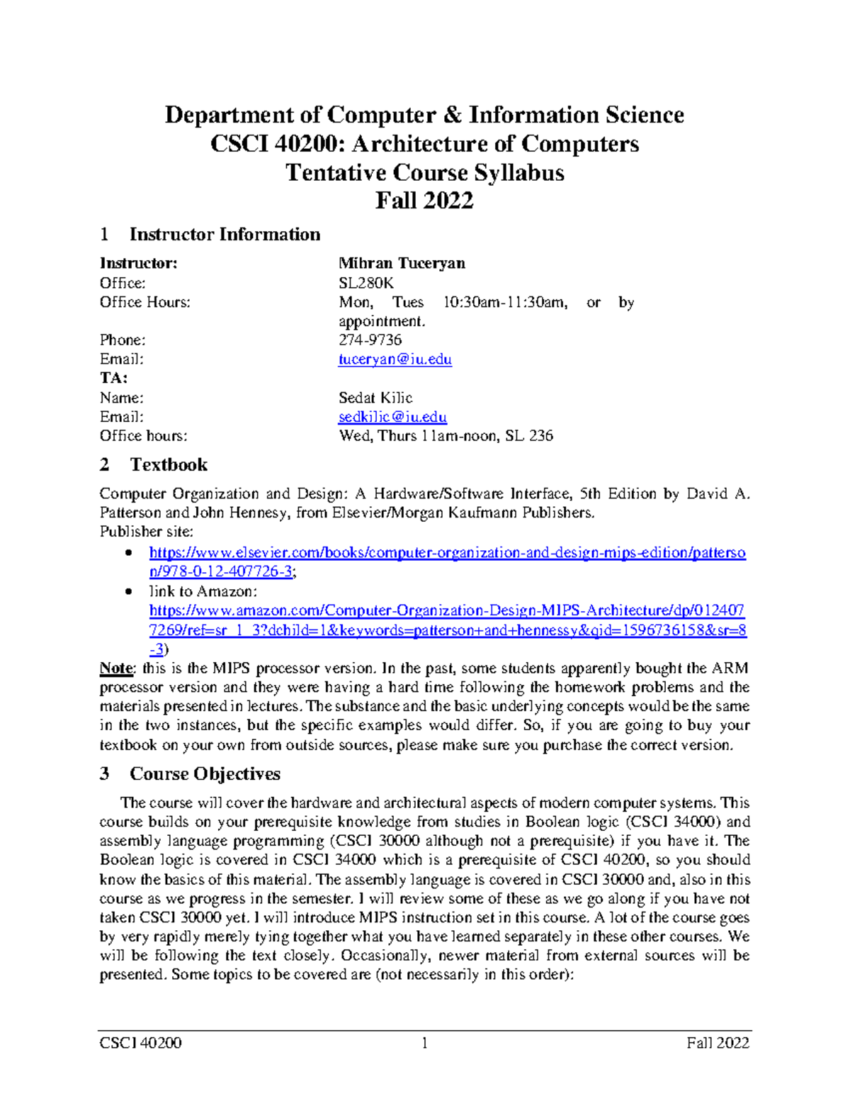CSCI 40200 Final Course Syllabus - Architecture of Computers Fall 2022 ...