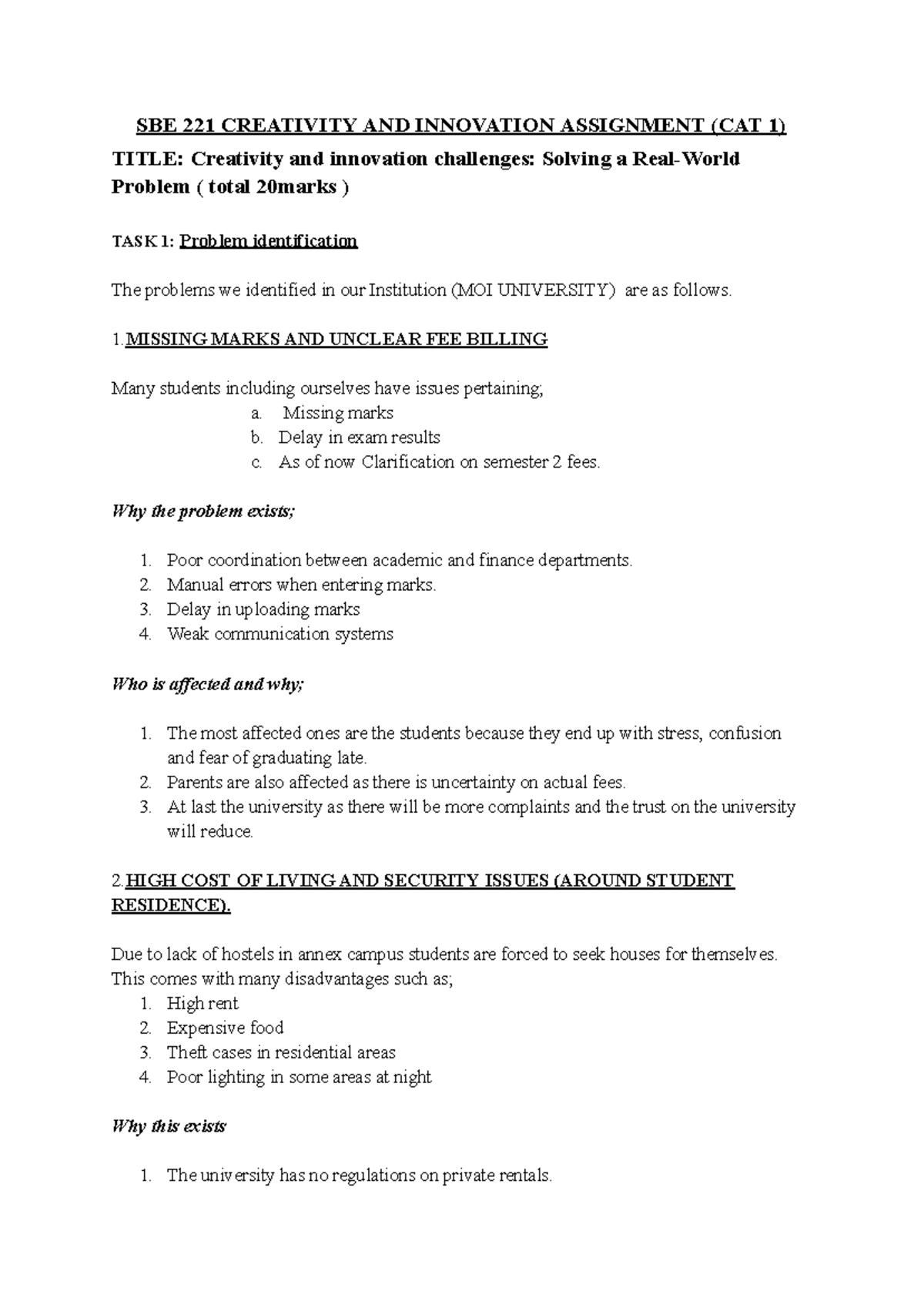 SBE 221 Creativity and Innovation Assignment: Problem Solving ...