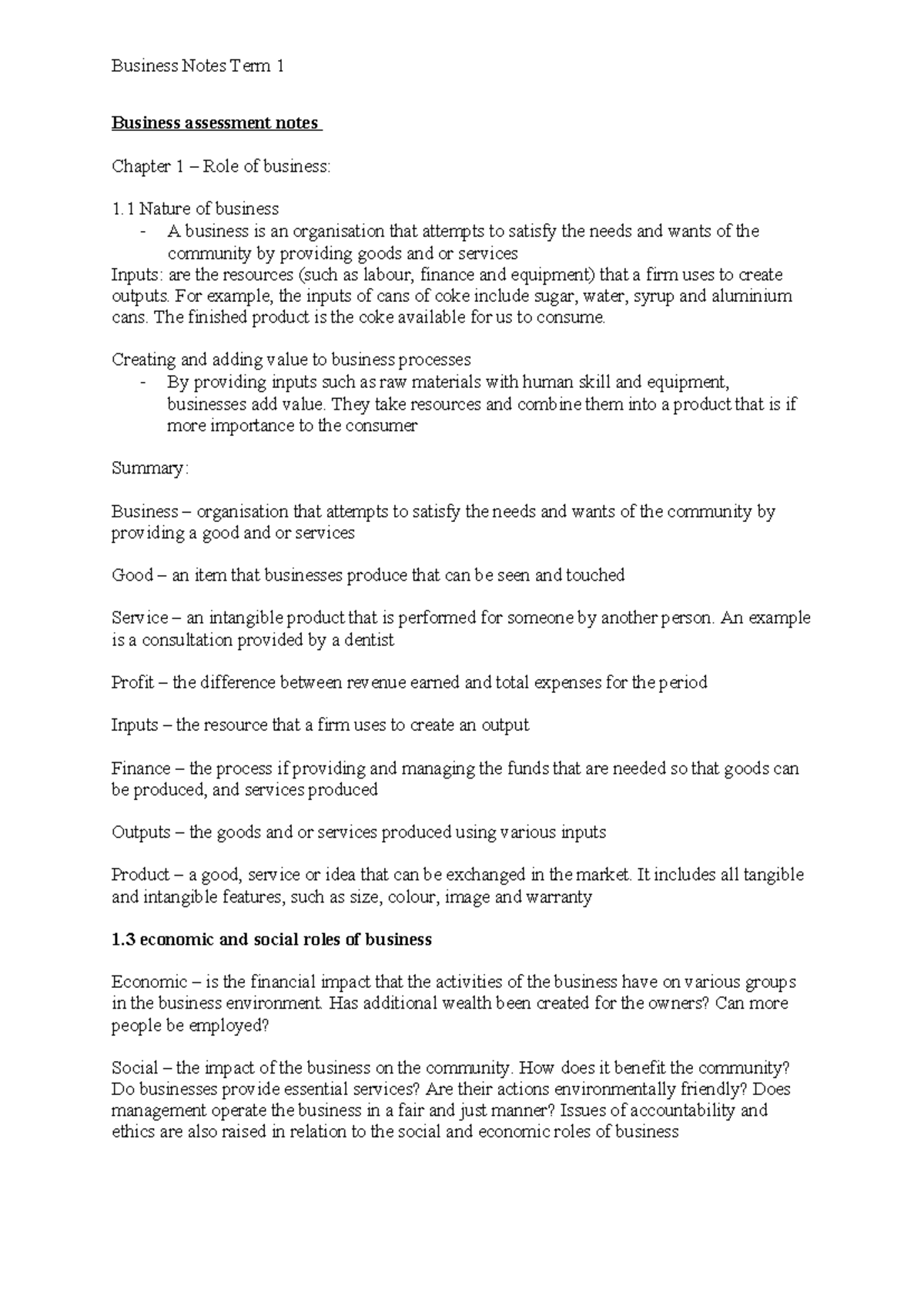 Business Notes Term 1: Understanding the Role and Types of Business ...