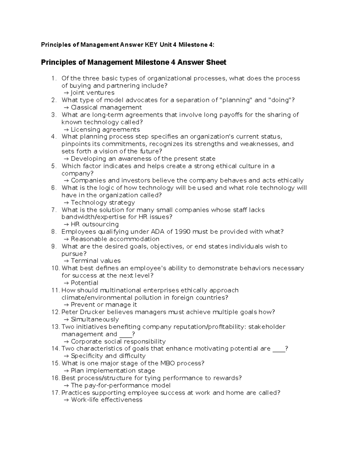Principles of Management Unit 4 Milestone 4 Answer Key - Studocu