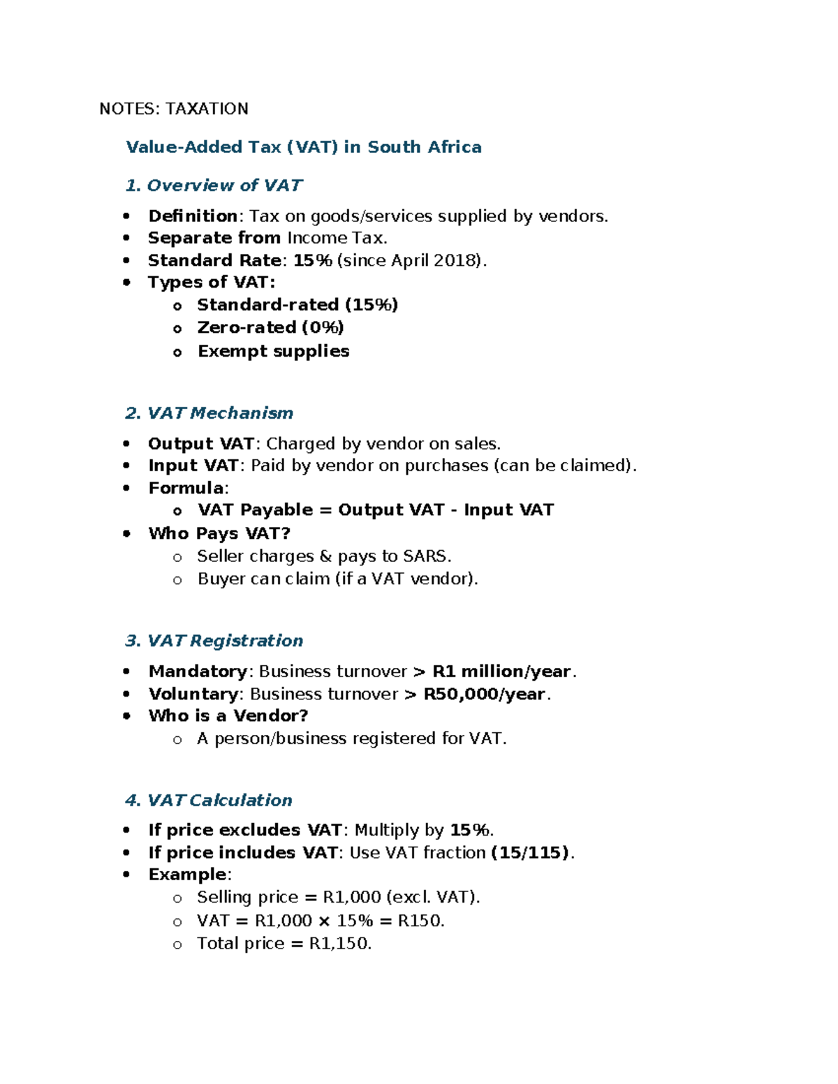 Taxation Notes: Value-Added Tax (VAT) Overview and Calculations - Studocu
