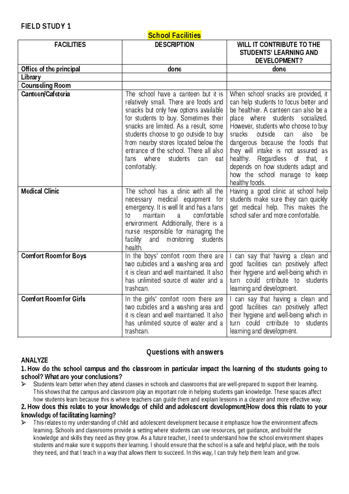 Field Study 1: Analyzing School Facilities and Their Impact on Learning ...