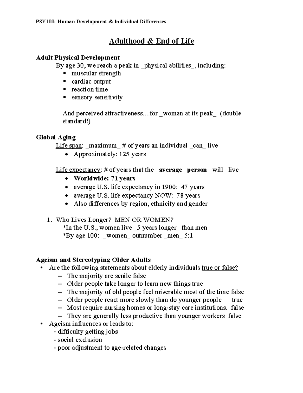 PSY100: Unit II Lecture 4 - Adulthood and Aging Insights - Studocu