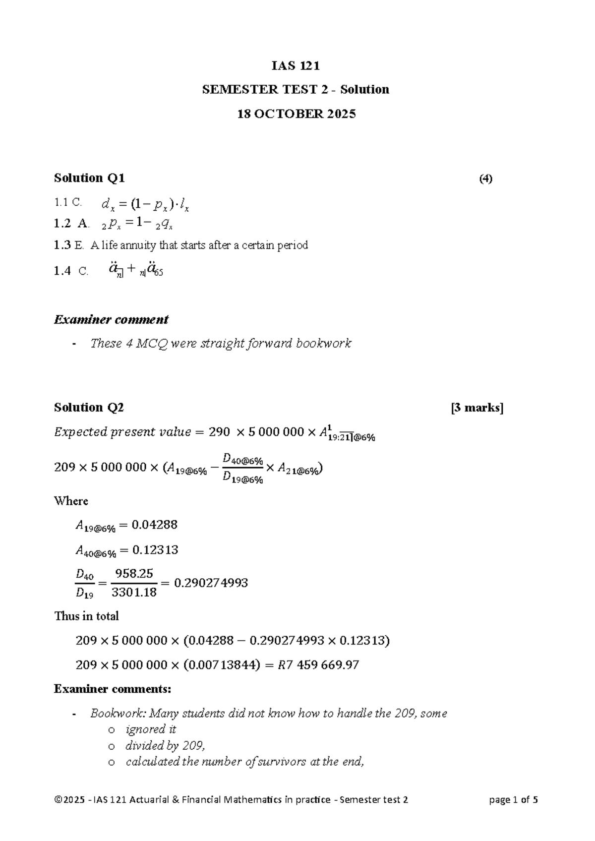 IAS 121 Actuarial Financial Mathematics - Semester Test 2 Memo 2025 ...