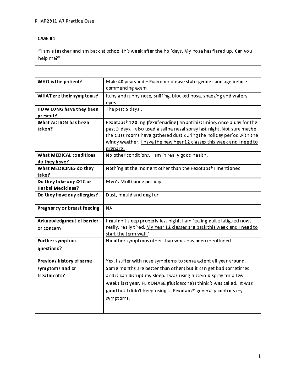 PHAR2911 Oral Practice Case 01: Allergic Rhinitis Assessment - Studocu