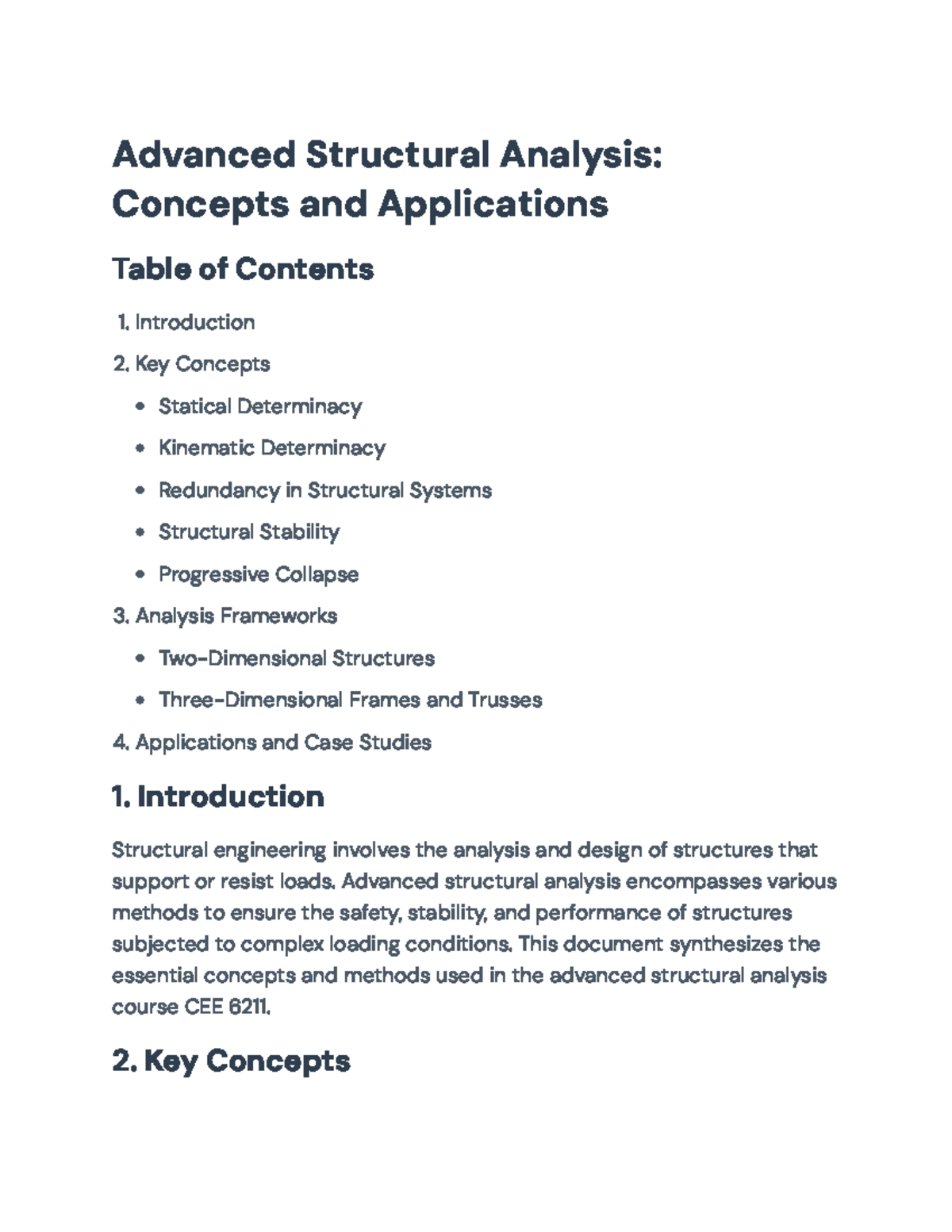Advanced Structural Analysis Concepts and Applications CEE 6211 ...