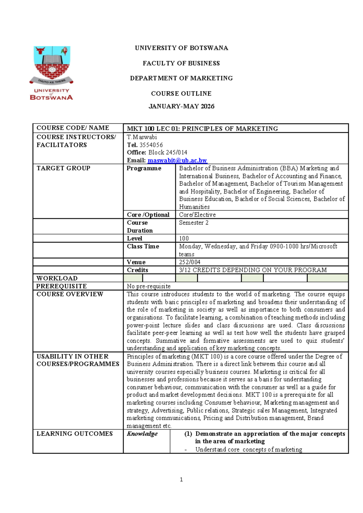 MKT 100 Course Outline 2026: Principles of Marketing Overview - Studocu