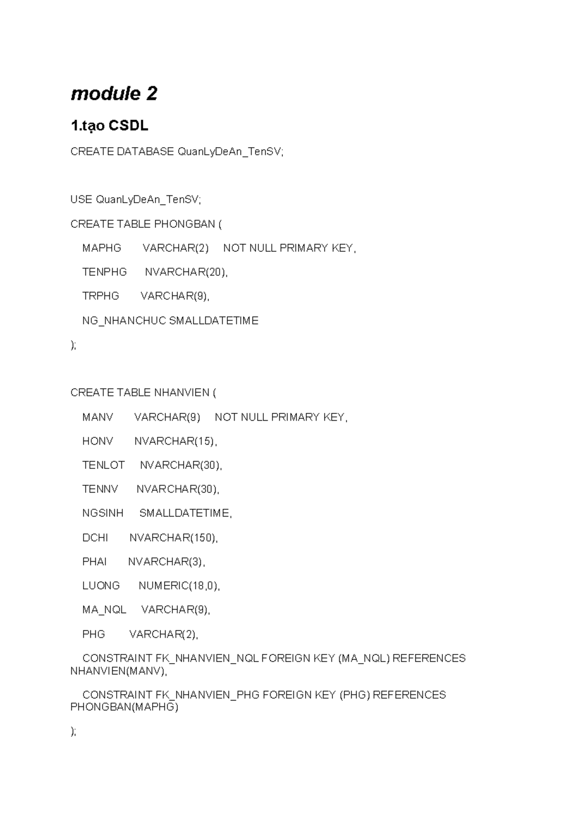 Module 2: Tạo CSDL và Các Lệnh SQL Cơ Bản - Studocu