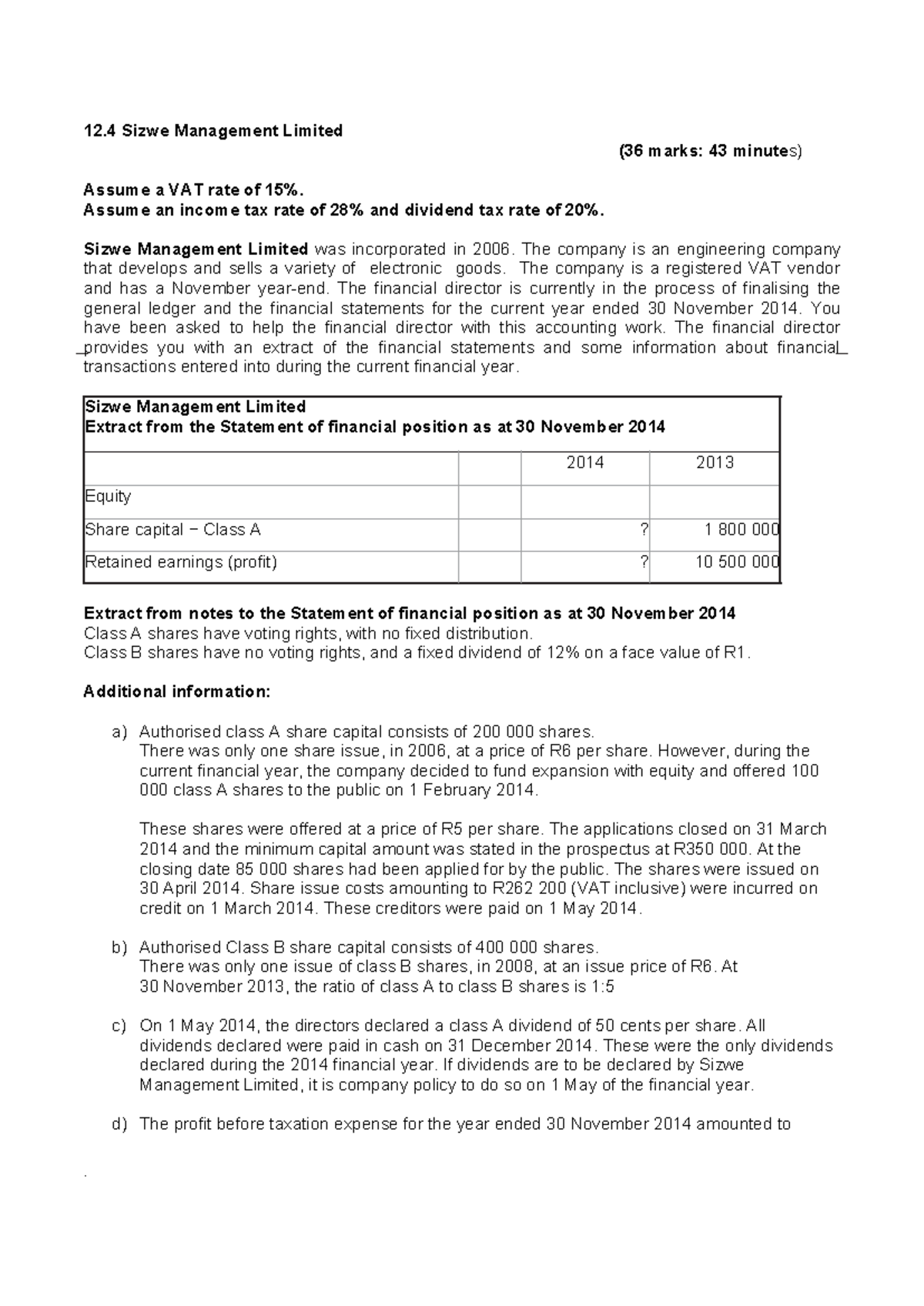 12.4 Sizwe Management Limited: Financial Statements & Journal Entries ...