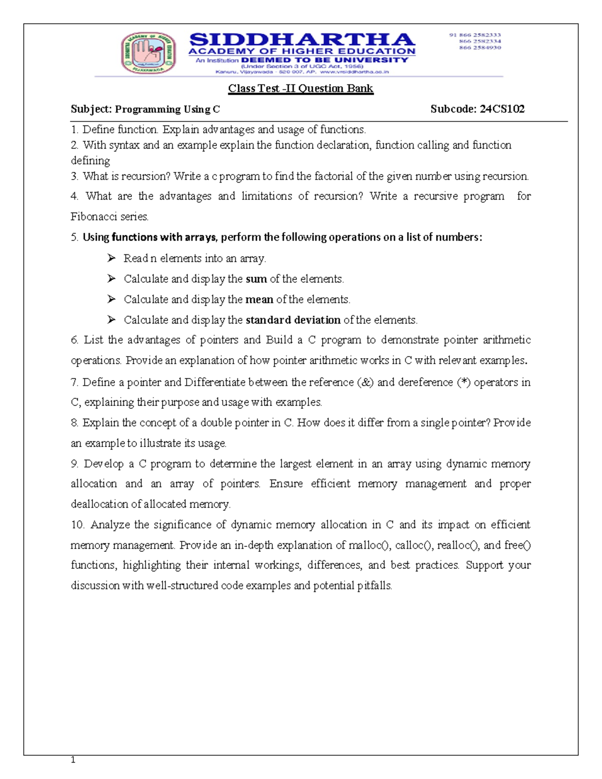 Updated Class Test 2 Question Bank: Programming Using C (24CS102) - Studocu