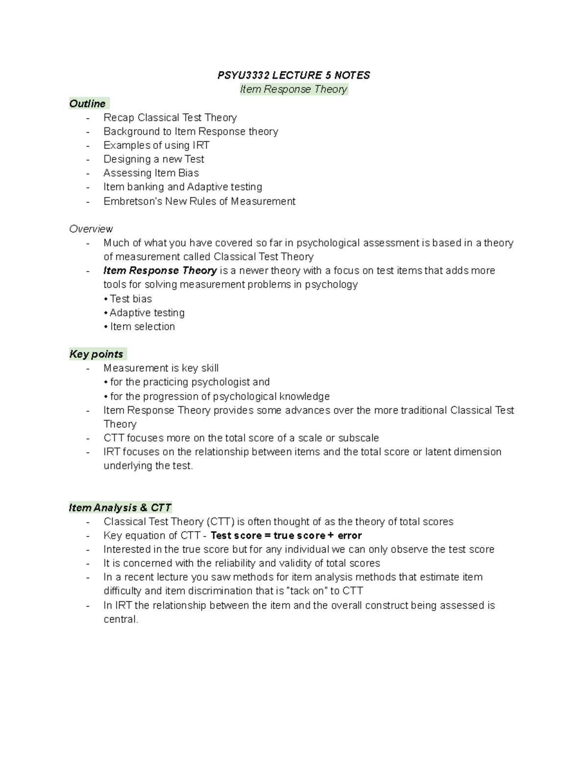 PSYU3332 Week 5 Lecture Notes: Item Response Theory Insights - Studocu