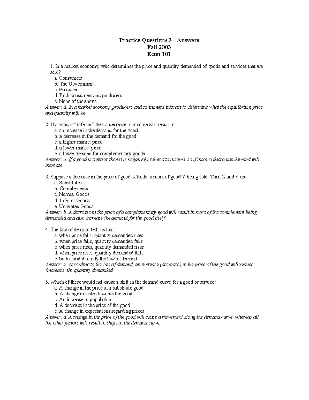 Econ 101 Practice Questions 3 - Answers Fall 2003 - Studocu