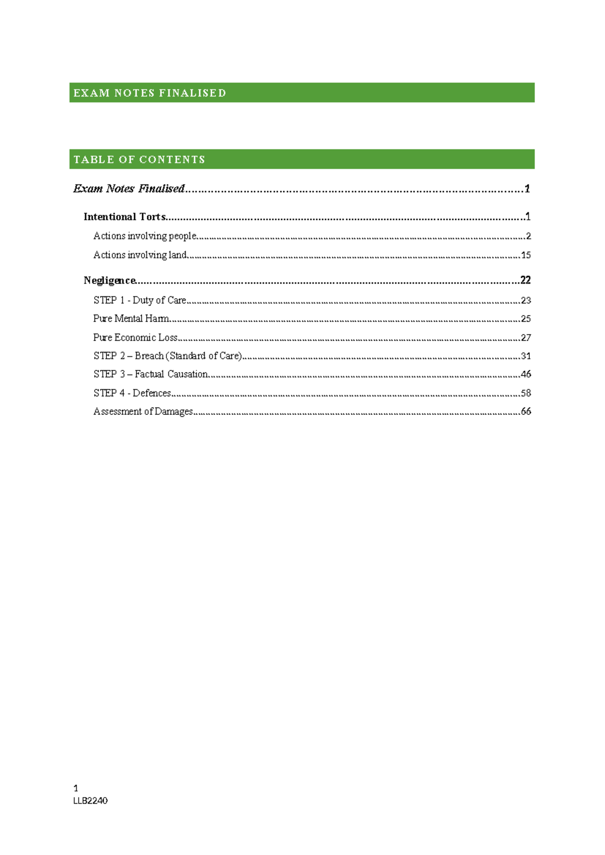 Final Exam Notes on Torts (LAW 101) - Comprehensive Study Guide - Studocu