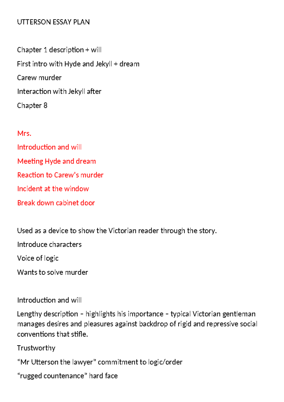 UTT 101: Utterson Essay Plan - Analysis of Character and Themes - Studocu