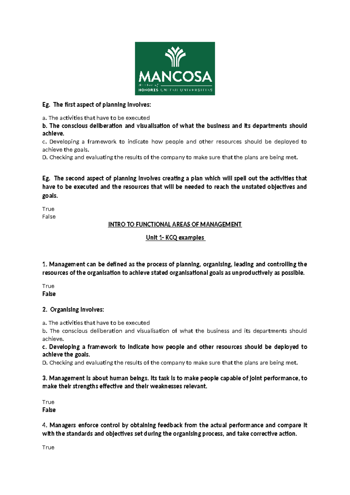 Unit 1 - Introduction to Functional Management - 2024 Study Notes - Studocu
