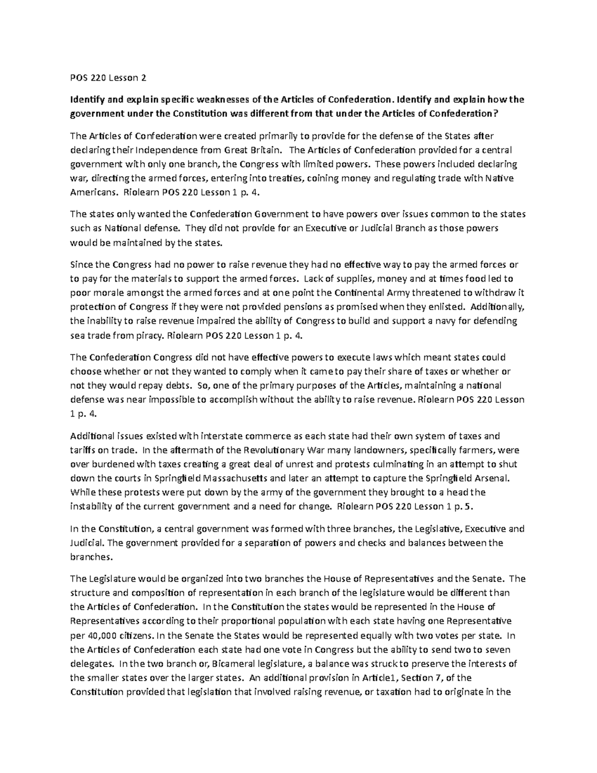POS 220 Lesson 2: Analyzing the Articles of Confederation and the U.S ...