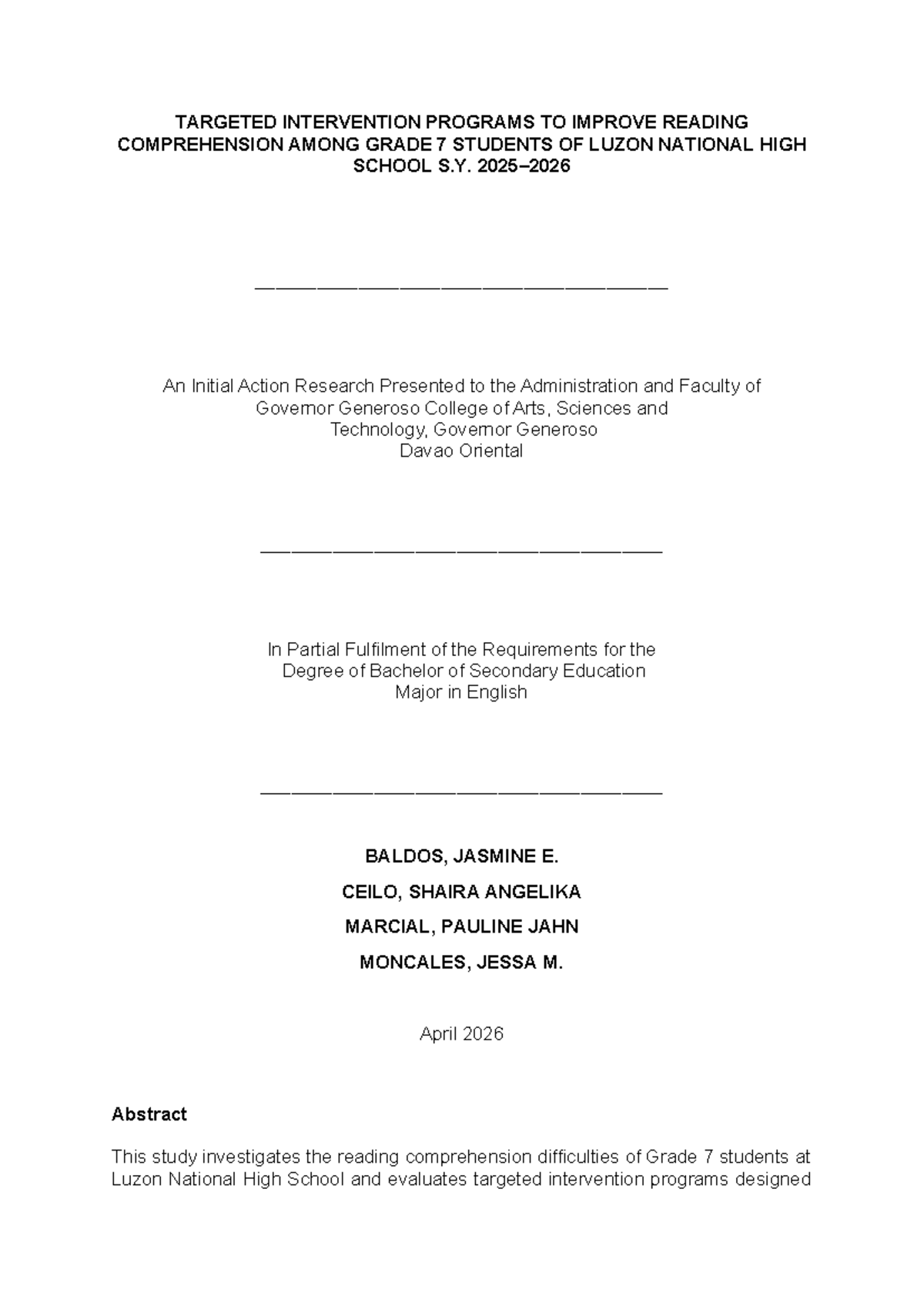 Targeted Intervention Programs for Reading Comprehension: Action ...