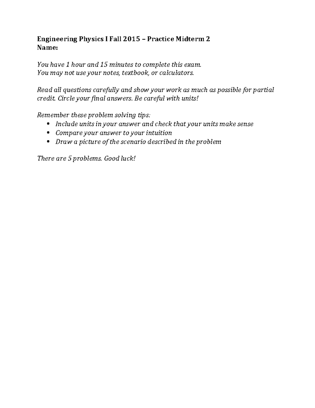ENGR PHYS I Fall 2015 Practice Midterm 2 Exam Questions - Studocu