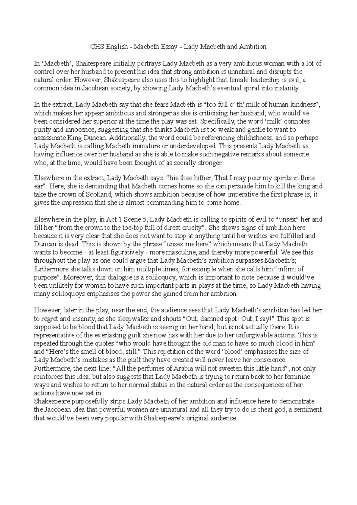 CHS English - Macbeth Essay - The Downfall of Lady Macbeth's Ambition ...