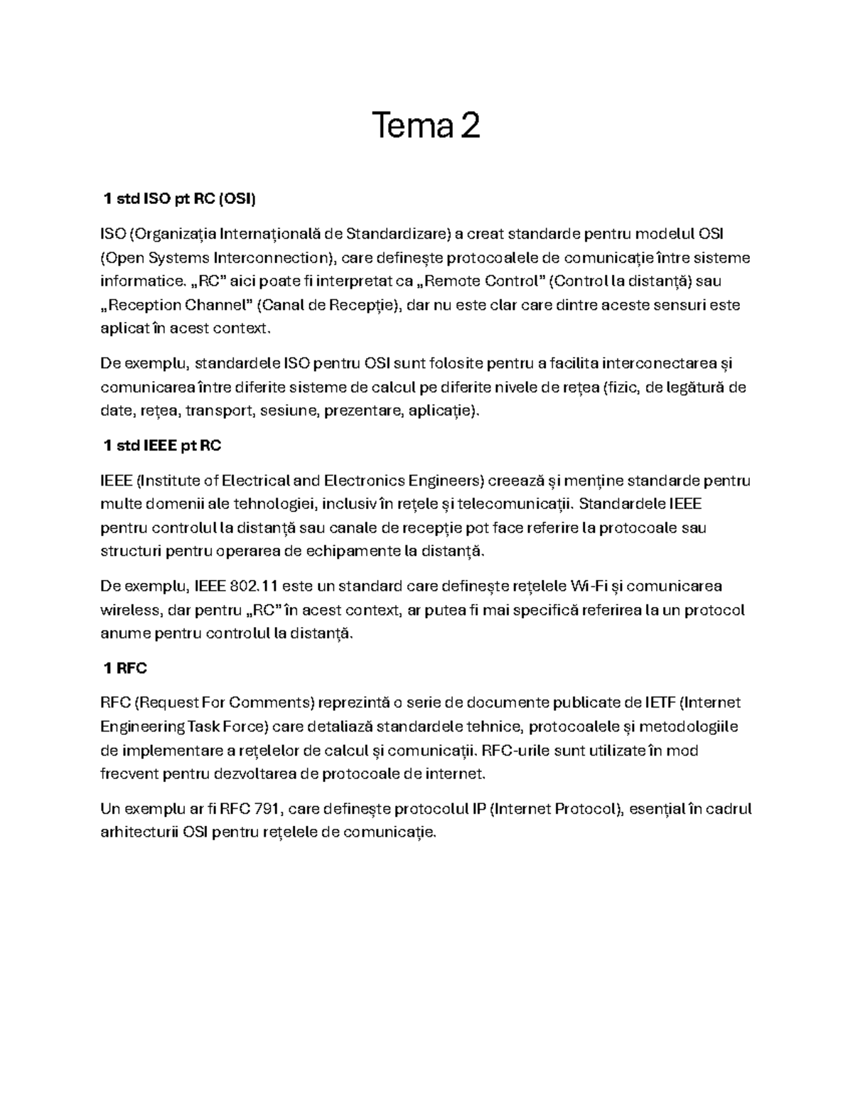 Tema 2 - Standardele ISO și RFC pentru Modelul OSI - Studocu