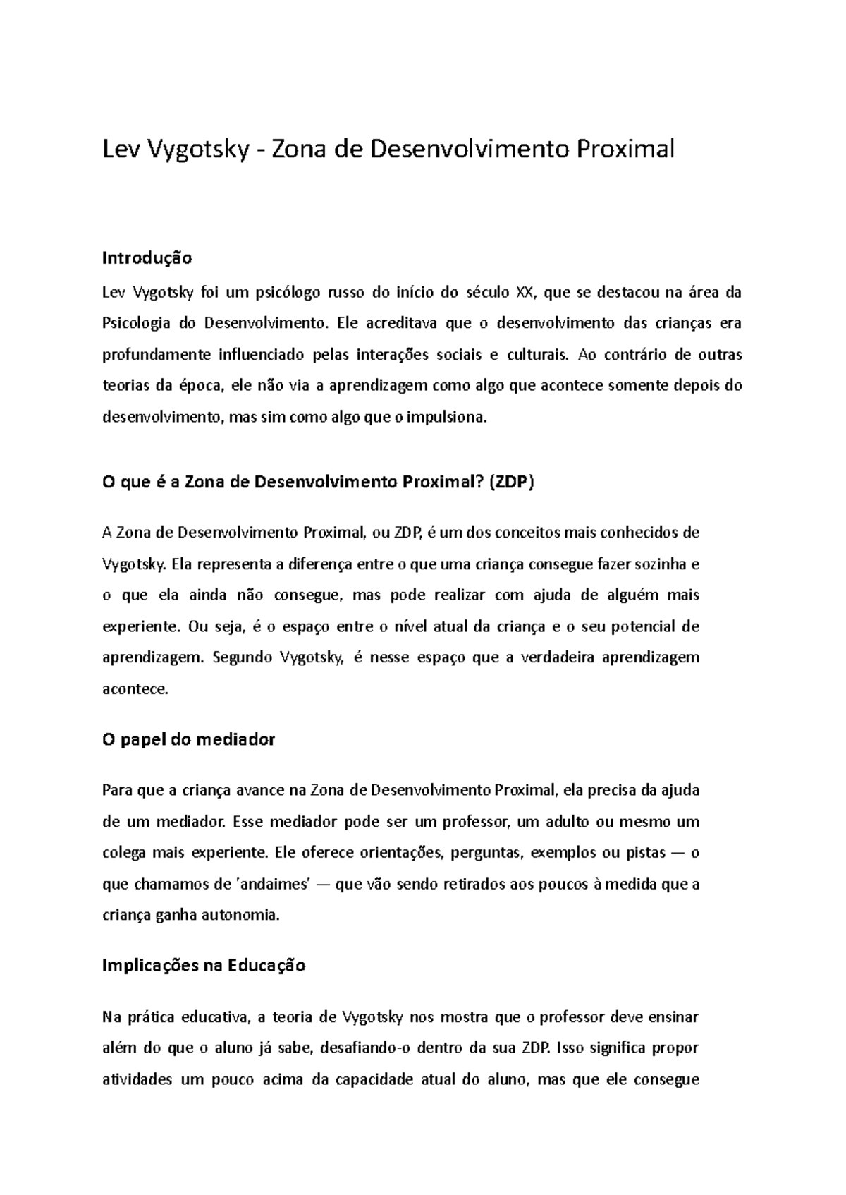 Lev Vygotsky: Zona de Desenvolvimento Proximal e Educação - Studocu