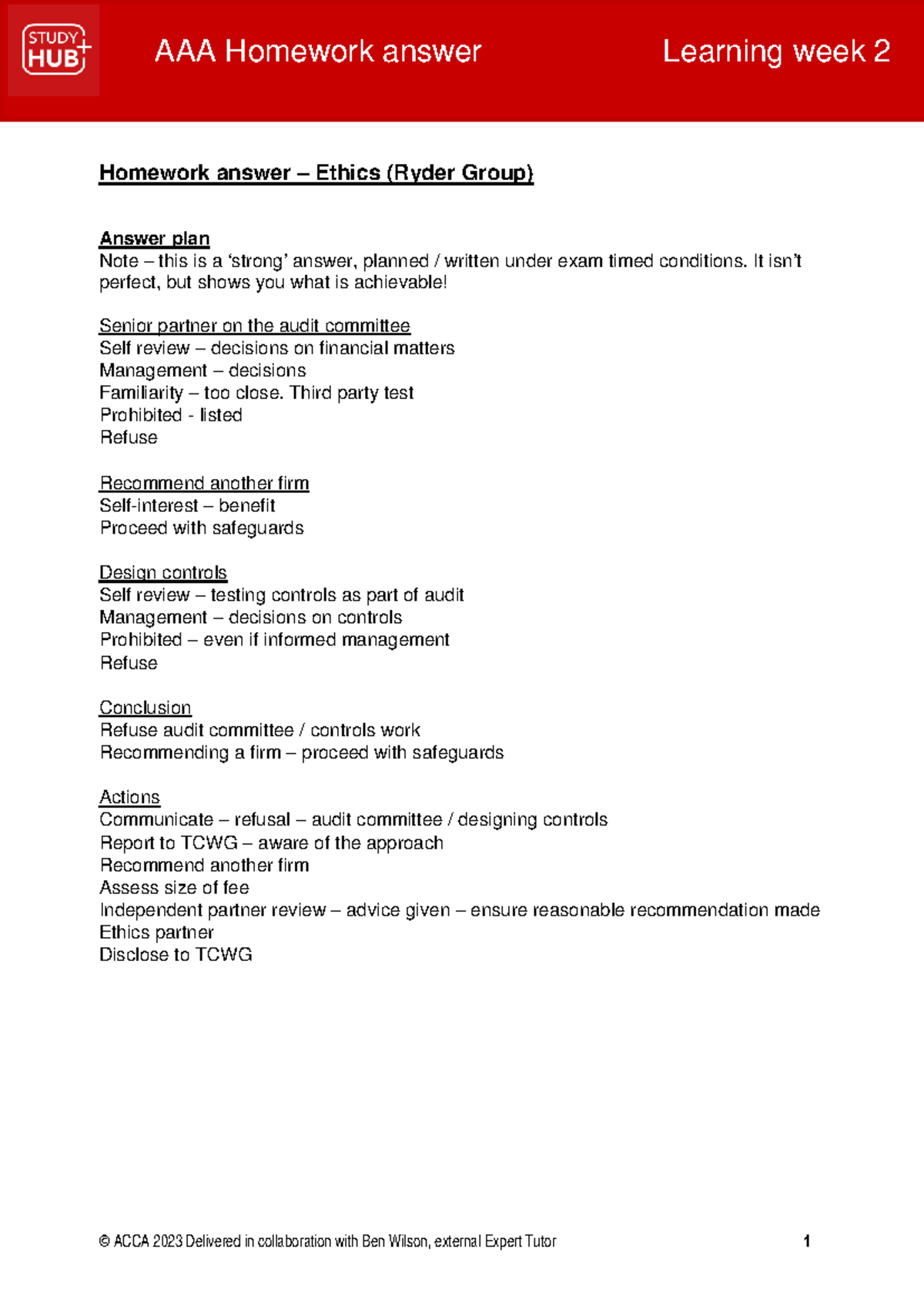 Ethics Homework Answer Plan - Learning Week 2 (ACCA 2023) - Studocu